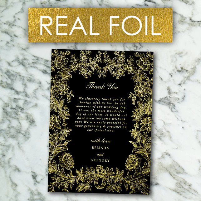 Real Gold Foil Floral Black Wedding Thank You Invitation | Zazzle