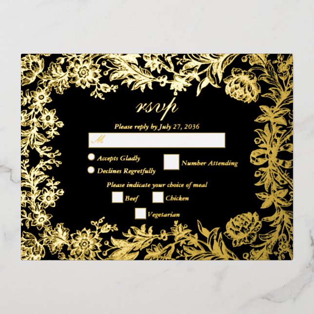 Real Gold Foil Floral Botanical Black Wedding RSVP Foil Invitation Postcard (Front)