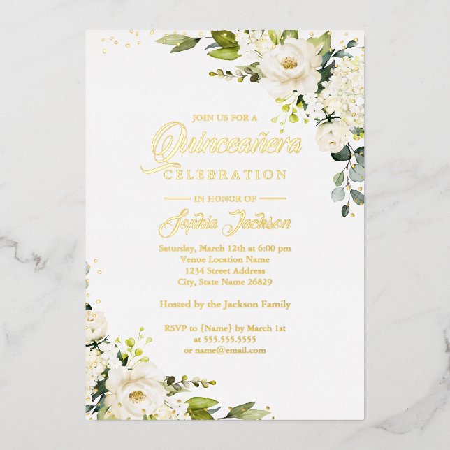 REAL GOLD FOIL Floral Gold Quinceanera Foil Invitation (Front)