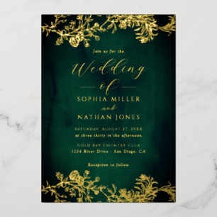 Real Gold Foil Floral Lace Script Emerald Wedding  Invitation