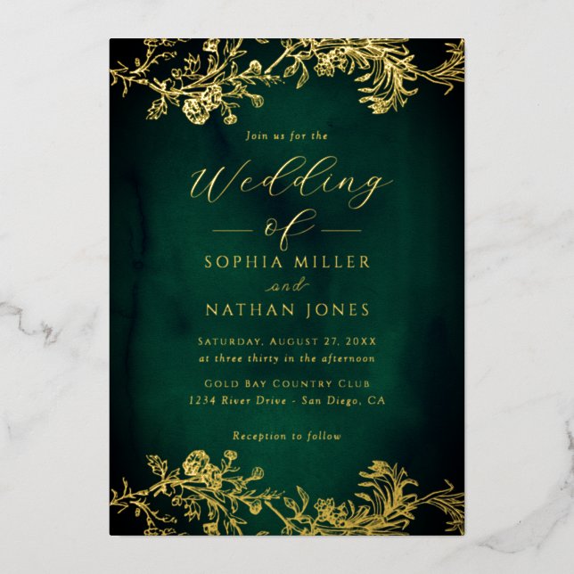 Real Gold Foil Floral Lace Script Emerald Wedding  Invitation (Front)