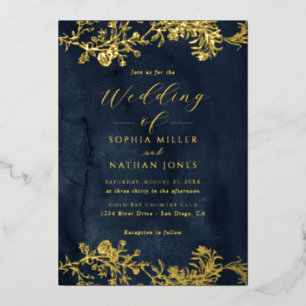 Real Gold Foil Floral Lace Script Navy Wedding Foil Invitation