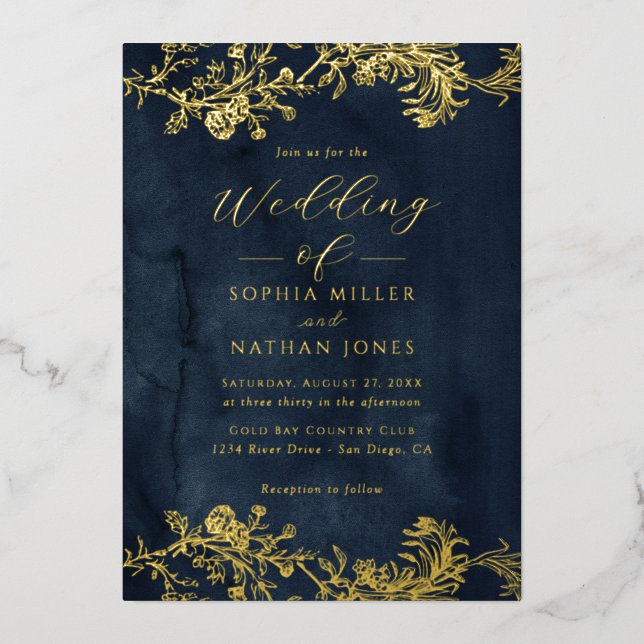 Real Gold Foil Floral Lace Script Navy Wedding  Foil Invitation (Front)