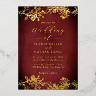 Real Gold Foil Floral Lace Script Red Wedding  Invitation