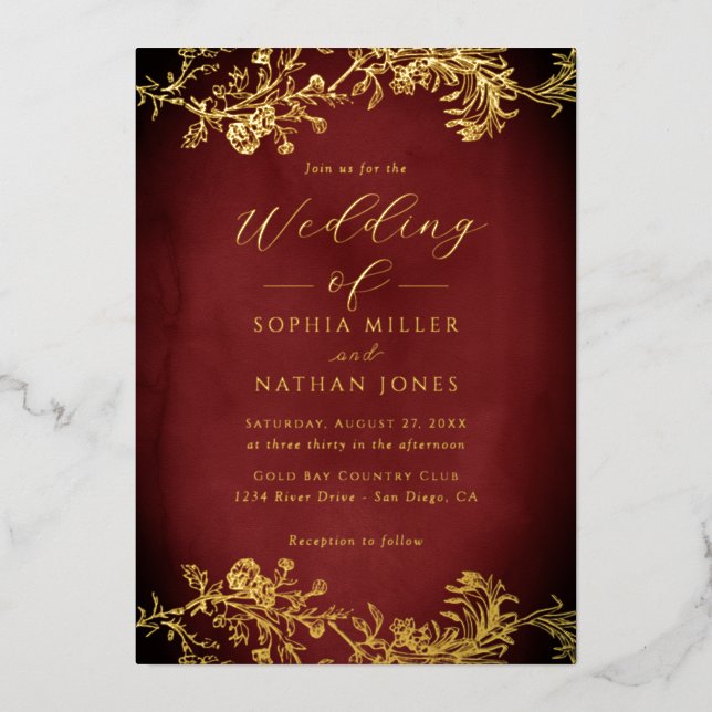 Real Gold Foil Floral Lace Script Red Wedding  Invitation (Front)