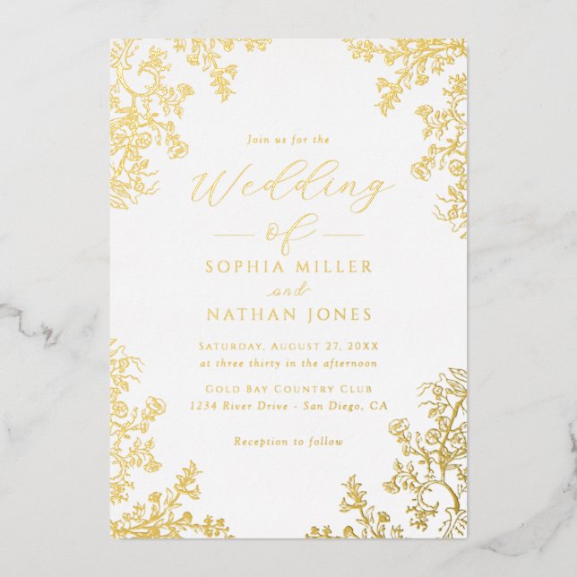 Real Gold Foil Floral Lace Script Wedding  Invitation (Front)