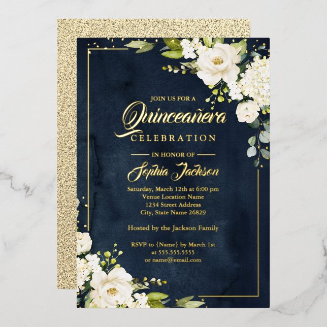 REAL GOLD FOIL Floral Navy Gold Quinceanera Foil Invitation (Front/Back)