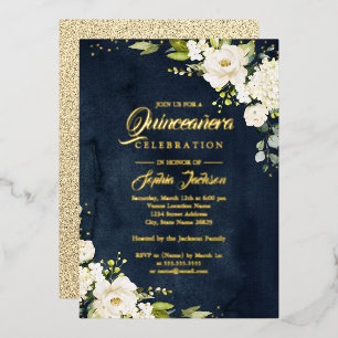 REAL GOLD FOIL Floral Quinceanera Gold Navy   Invitation