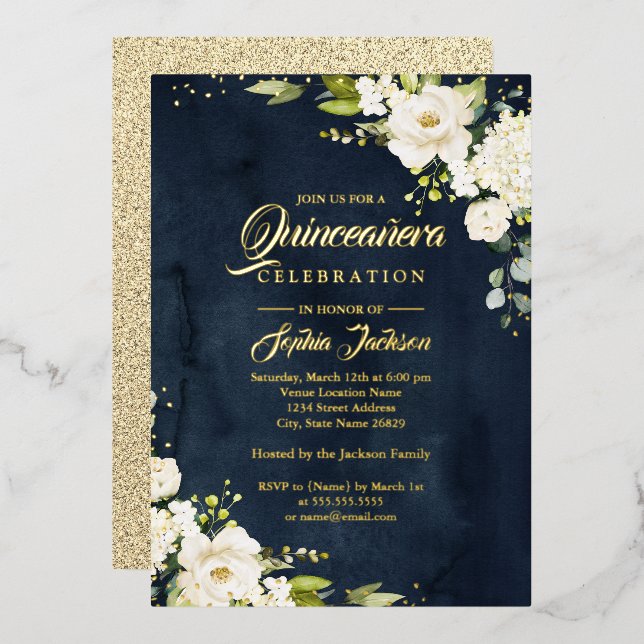 REAL GOLD FOIL Floral Quinceanera Gold Navy   Invitation (Front/Back)