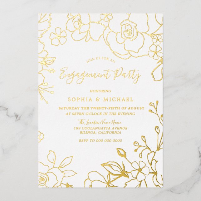 Real Gold Foil Flowers Engagement Party Golden Foil Invitation (Front)
