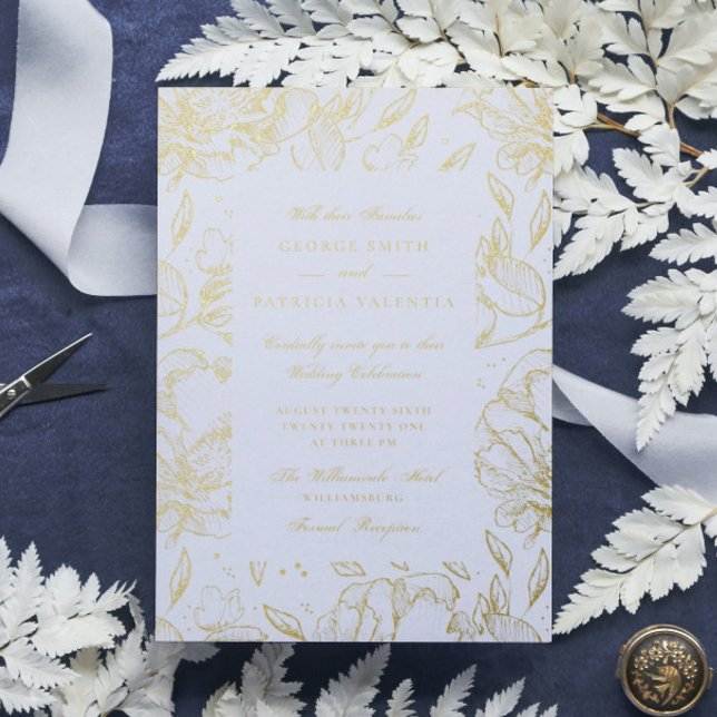 Real Gold Foil Flowers Hand Drawn Elegant Wedding Foil Invitation (Creator Uploaded)
