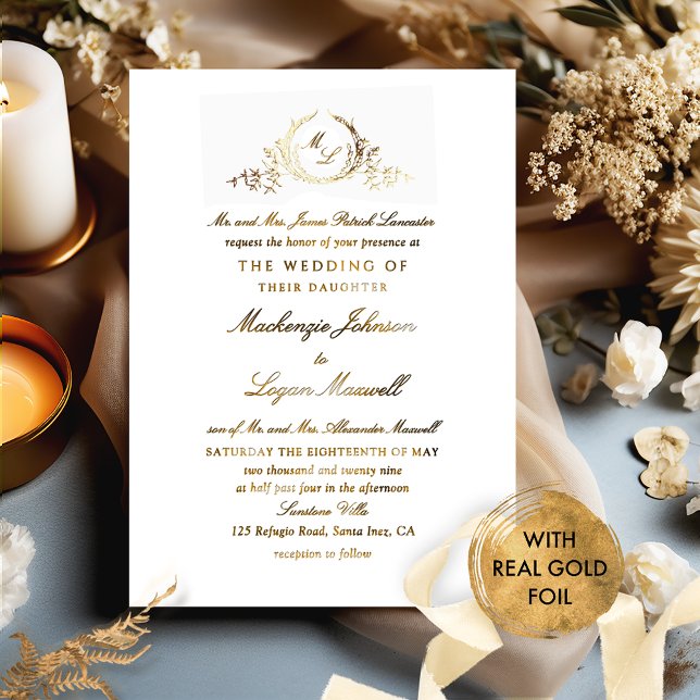 Real Gold Foil Formal Monogram Calligraphy Wedding Invitation (Creator Uploaded)