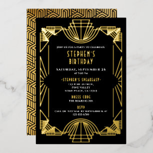 Real Gold Foil Gatsby Roaring 20s Birthday Party Foil Invitation