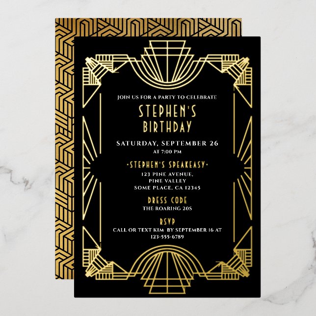 Real Gold Foil Gatsby Roaring 20s Birthday Party Invitation (Front/Back)