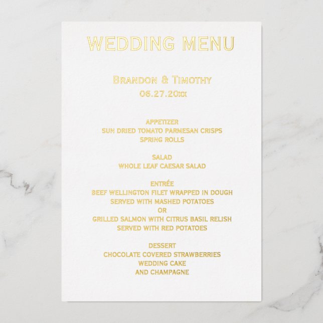 Real Gold Foil Gay Wedding Menu Invitation (Front)