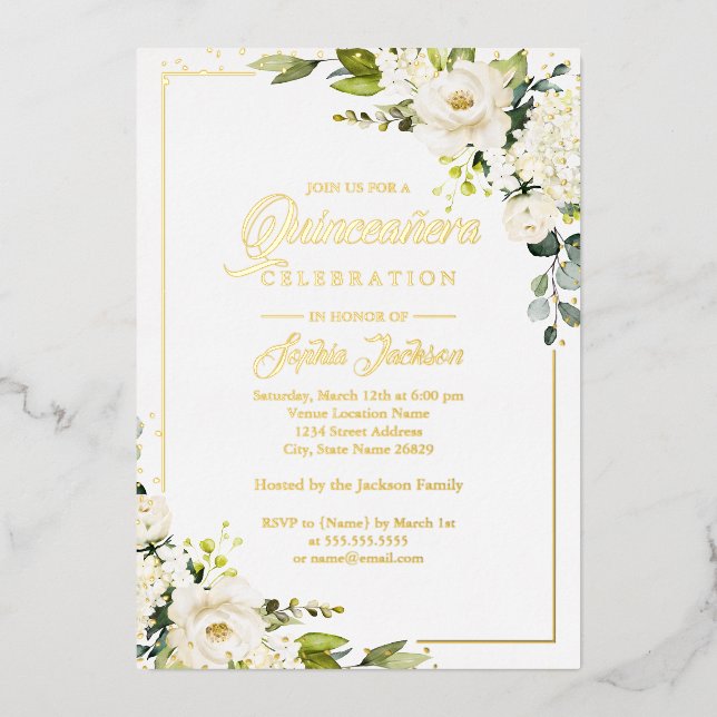 REAL GOLD FOIL Gold Floral Quinceanera Invitation (Front)