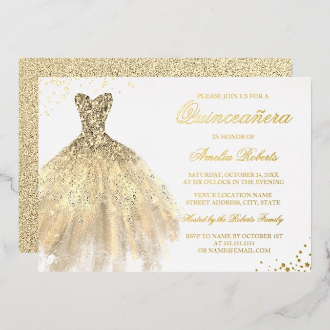 REAL GOLD FOIL Gold Sparkle Dress Quinceanera Foil Invitation (Front/Back)