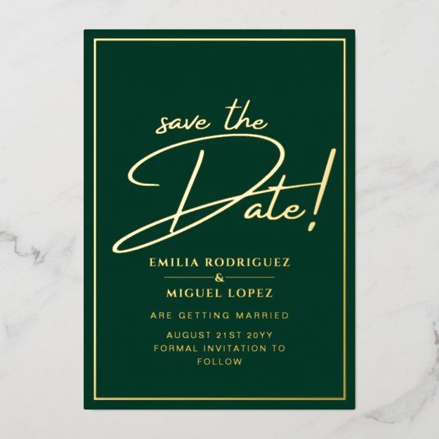 Real GOLD Foil Green Save the Date Wedding Foil Invitation