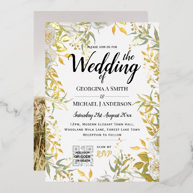 REAL GOLD FOIL Greenery PHOTO QR Code Wedding  Foil Invitation