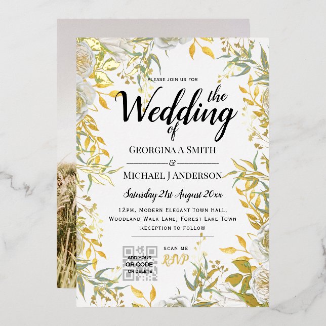 REAL GOLD FOIL Greenery PHOTO QR Code Wedding  Foil Invitation (Front/Back)