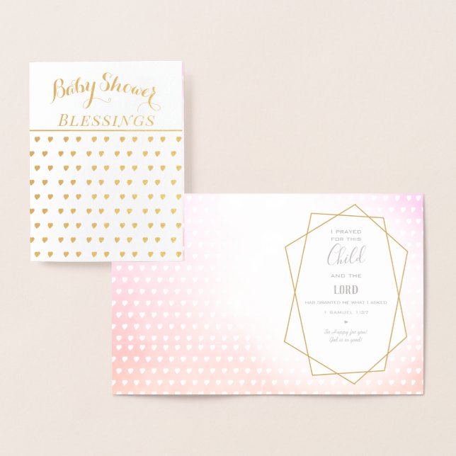 Real Gold Foil Hearts Baby Girl Shower Blessings Card (Display)