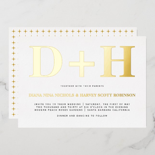 Real gold foil initials bold typography wedding invitation (Front/Back)