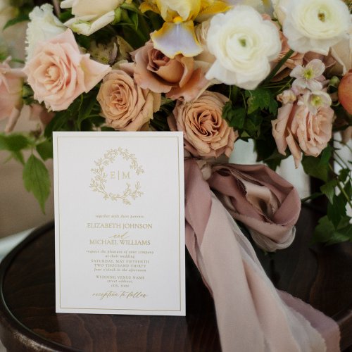Real Gold Foil Leafy Crest Monogram Wedding Foil Invitation