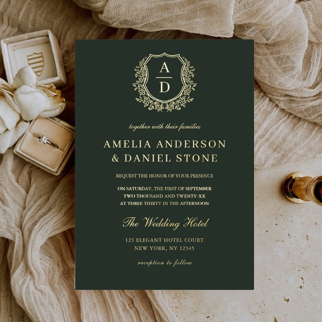 Real Gold Foil Leafy Crest Monogram Wedding Invitation (Creator Uploaded)