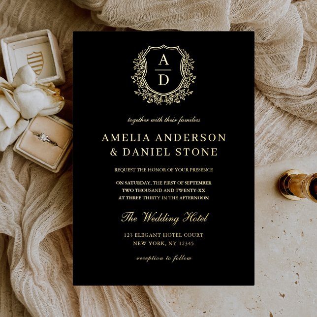 Real Gold Foil Leafy Crest Monogram Wedding Invitation (Creator Uploaded)