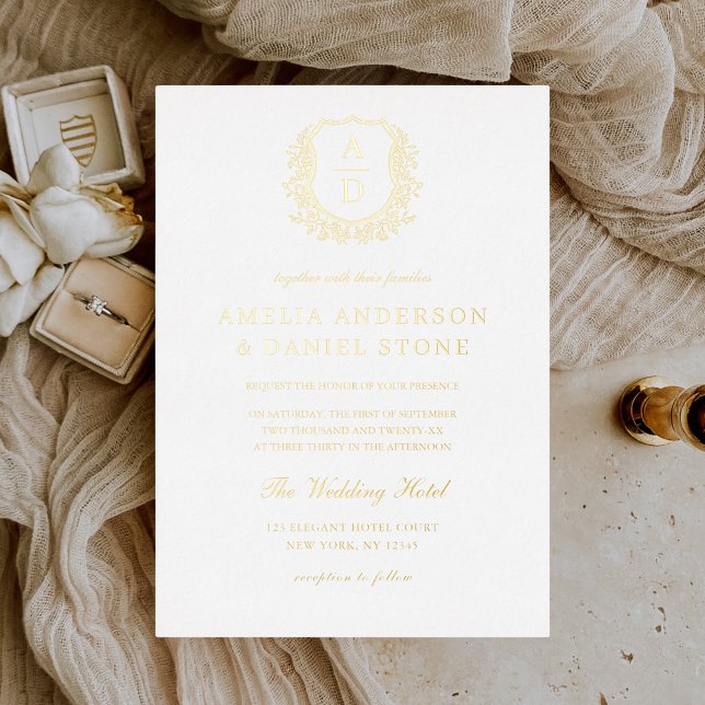 Real Gold Foil Leafy Crest Monogram Wedding Invitation (Creator Uploaded)