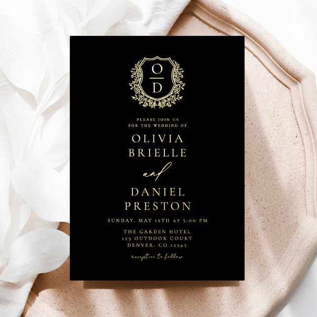Real Gold Foil Leafy Crest Monogram Wedding Invitation (Creator Uploaded)