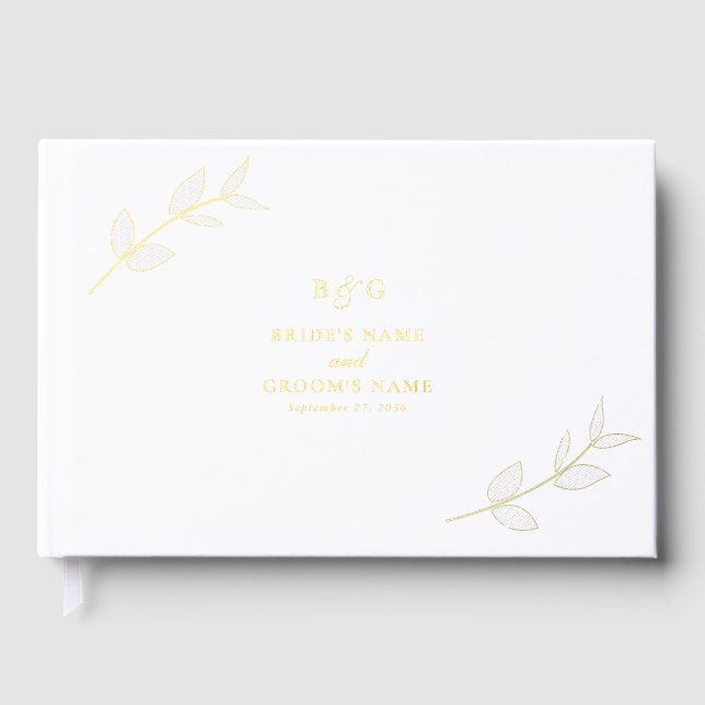 Real Gold Foil Leaves Elegant Monogram Wedding Foil Guest Book (Front)