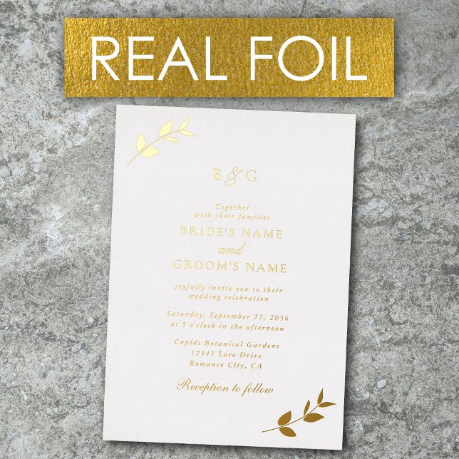 Real Gold Foil Leaves Elegant Monogram Wedding Invitation (Real Gold Foil Leaves Elegant Monogram Wedding Foil Invitation)