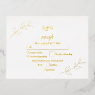 Real Gold Foil Leaves Elegant Wedding RSVP Invitation Postcard