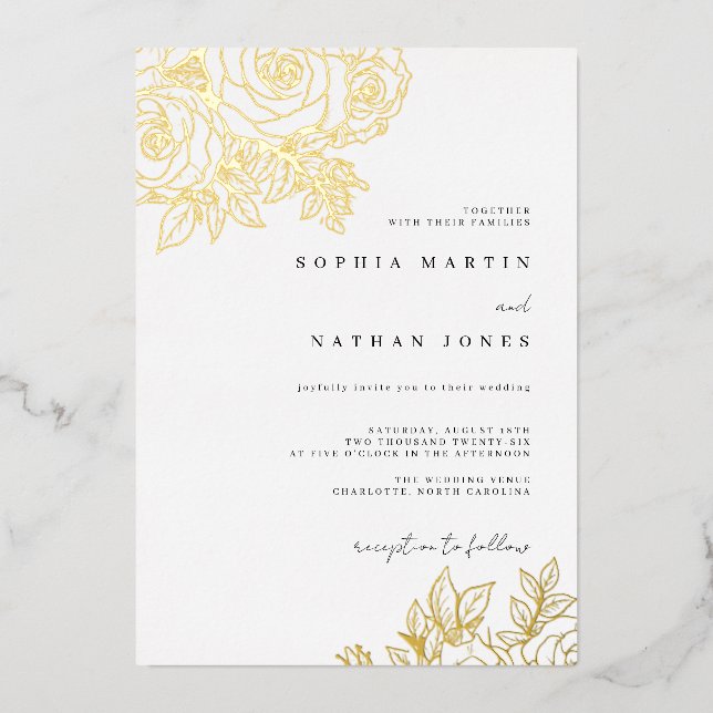 Real Gold Foil Lush Rose Wedding  Invitation (Front)
