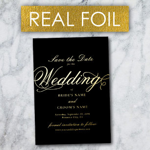 Real Gold Foil Luxury Black Wedding Save the Date Invitation