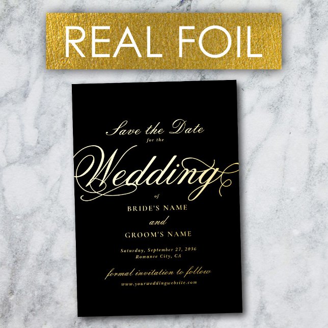 Real Gold Foil Luxury Black Wedding Save the Date Invitation (Real Gold Foil Luxury Black Wedding Save the Date Foil Invitation)