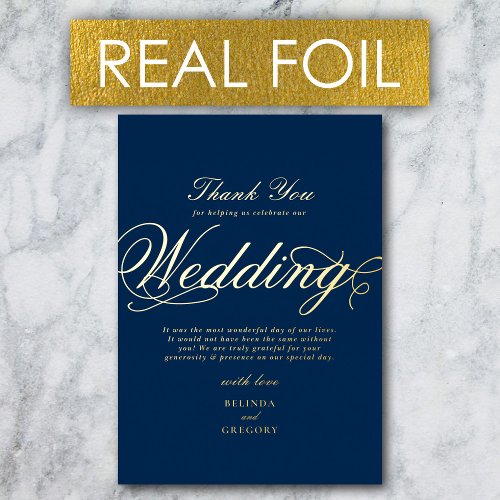 Real Gold Foil Luxury Navy Blue Wedding Thank You Foil Invitation