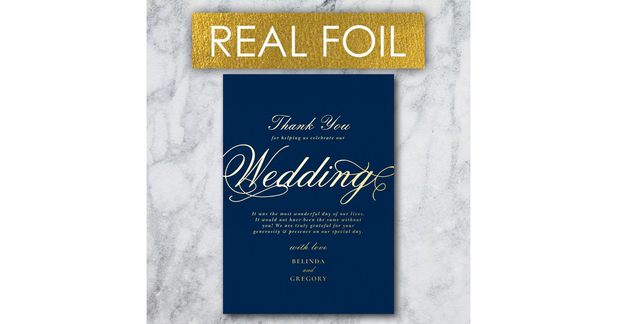 Real Gold Foil Luxury Navy Blue Wedding Thank You Invitation | Zazzle