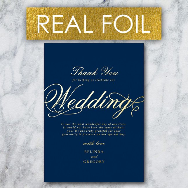 Real Gold Foil Luxury Navy Blue Wedding Thank You Invitation (Real Gold Foil Luxury Navy Blue Wedding Thank You Foil Invitation)