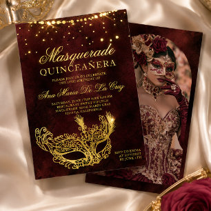 Real Gold Foil Masquerade Mask Photo Quinceanera Invitation