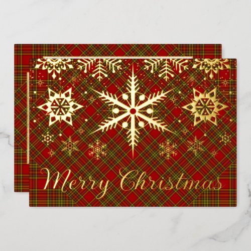 REAL Gold Foil Merry Christmas Snowflakes on Plaid Foil Holiday Card