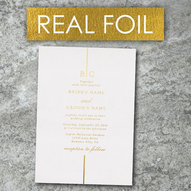 Real Gold Foil Minimalist Elegant Monogram Wedding Invitation (Real Gold Foil Minimalist Elegant Monogram Wedding Foil Invitation)