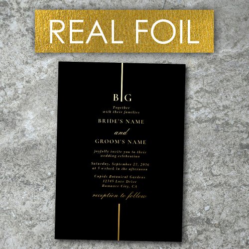 Real Gold Foil Minimalist Monogram Black Wedding Foil Invitation