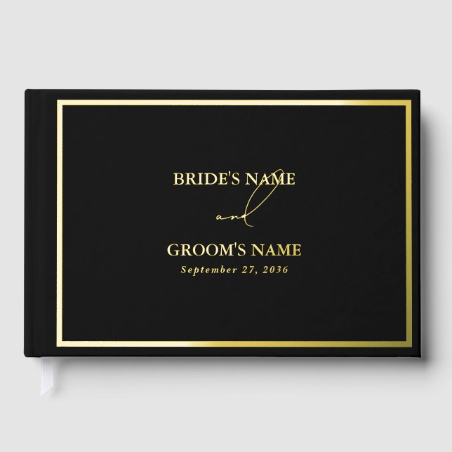 Real Gold Foil Modern Black & Gold Wedding Foil Guest Book (Front)