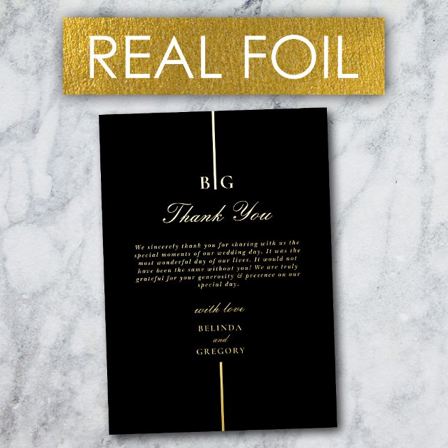 Real Gold Foil Monogram Black Wedding Thank You Invitation (Real Gold Foil Monogram Black Wedding Thank You Foil Invitation)
