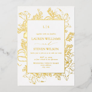 Real Gold Foil Monogram Floral Line Art Wedding Invitation