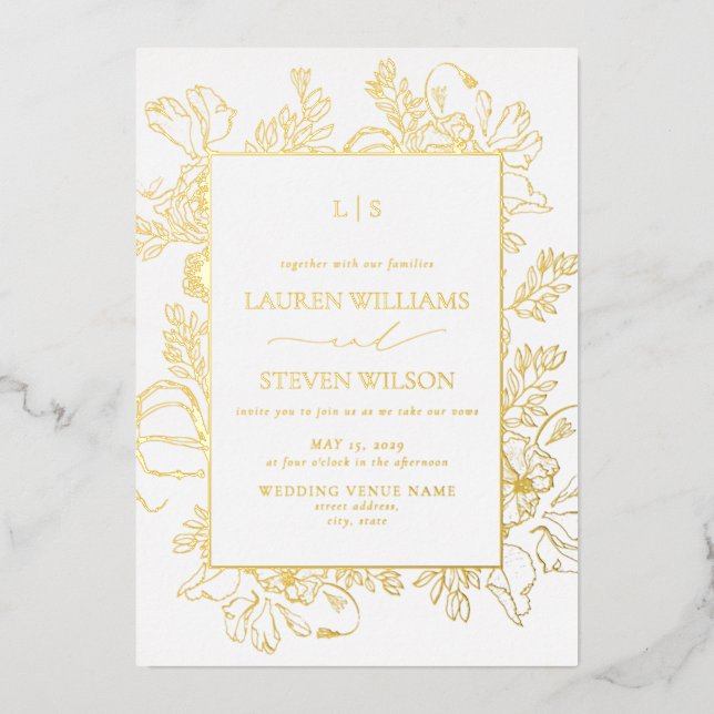 Real Gold Foil Monogram Floral Line Art Wedding Invitation (Front)