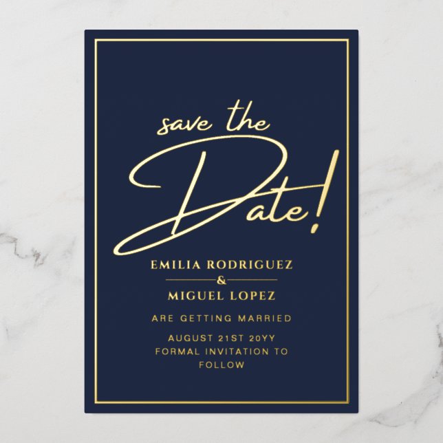 Real GOLD Foil Navy Blue Save the Date Wedding Foil Invitation (Front)