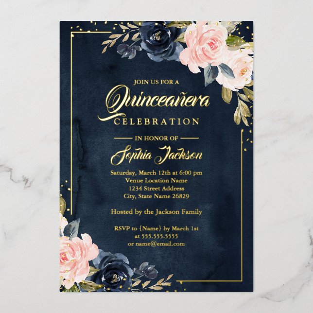 REAL GOLD FOIL Navy Blush Floral Quinceanera Invitation (Front)
